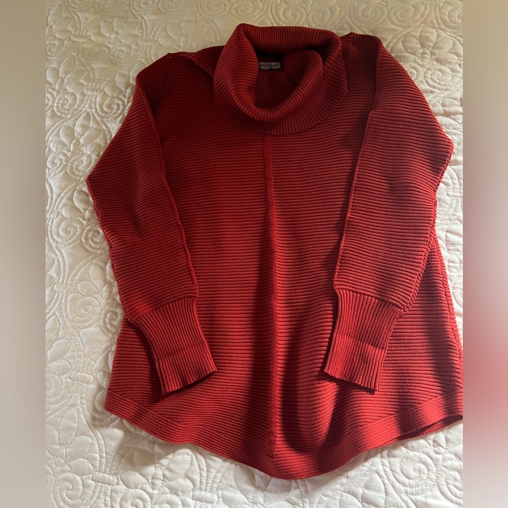 NorthStyle Cowl neck pullover longer length with slits at hem.